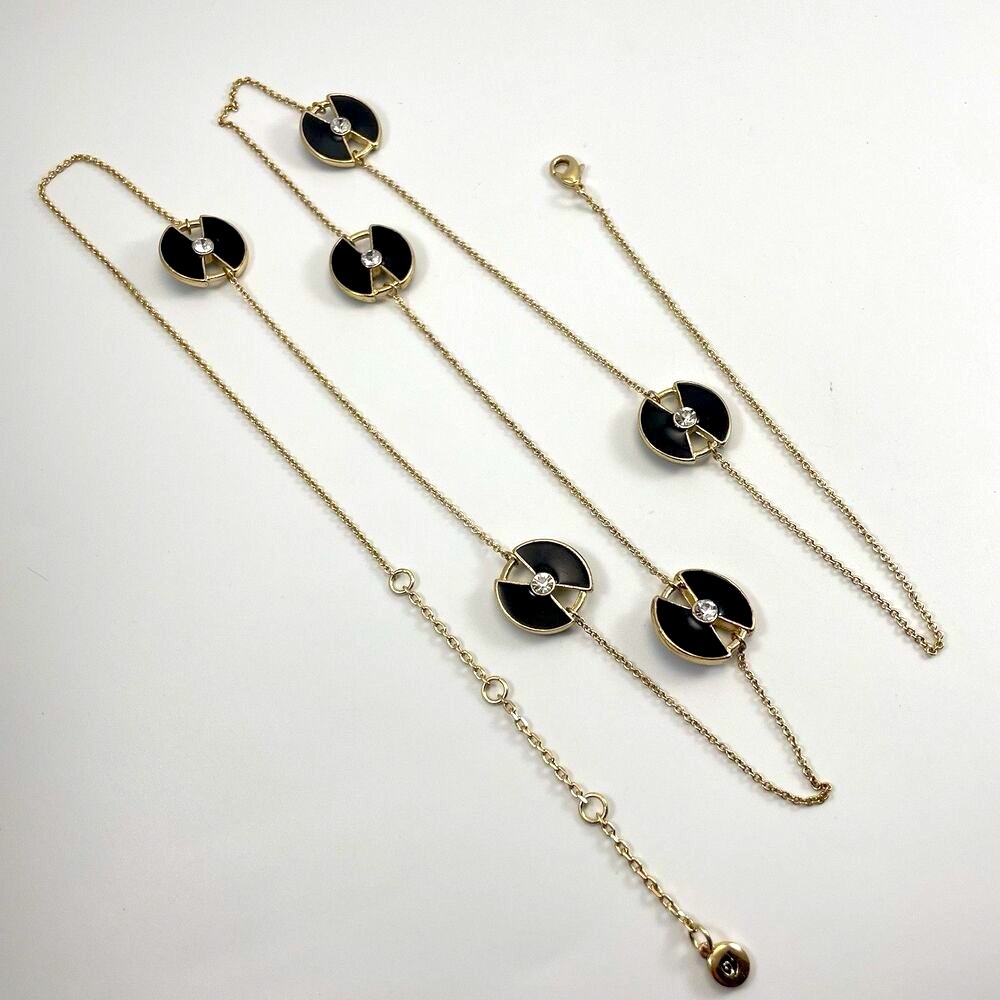 Versona Gold Tone White Rhinestone Black Enamel Disc Chain Necklace Boho Fashion